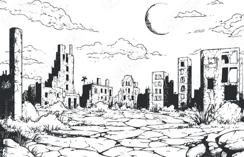 Black and white illustration of a deserted ruined city with cracked pavement and dilapidated buildings under a cloudy sky