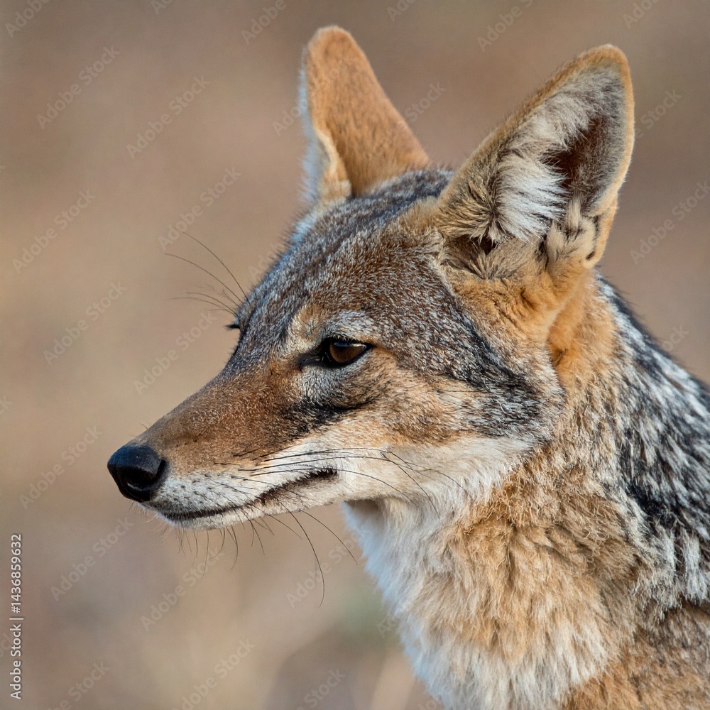 Fototapeta premium 夕暮れ時、サバンナでジャッカルの横顔を捉えた一瞬。静かな野性と鋭い目つきが表現された美しい構図。