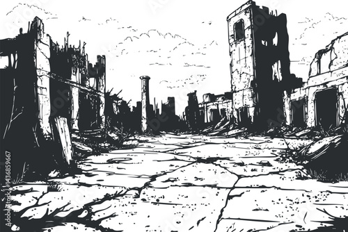 Black and white sketch of an abandoned ruined city street with destroyed buildings and cracked pavement