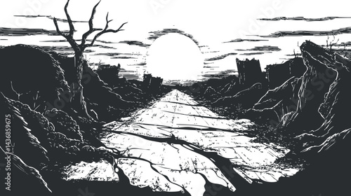 Postapocalyptic landscape with cracked road and ruins under a setting sun in a desolate environment