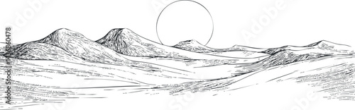 Black and white hand-drawn panoramic landscape featuring mountains and hills with the sun rising or setting behind.