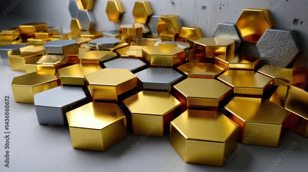 Collection of Hexagonal metallic decorative tiles in gold silver and copper tones for interior design Collection of Hexagonal metallic decorative tiles in gold silver and copper tones for interior design
