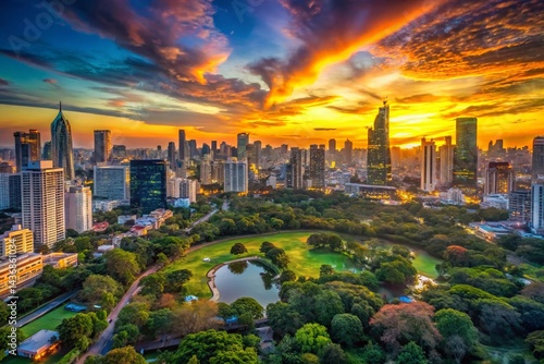 Bangkok Sunset Skyline: Sukhumvit, Pathum Wan & Lumphini Park Aerial View