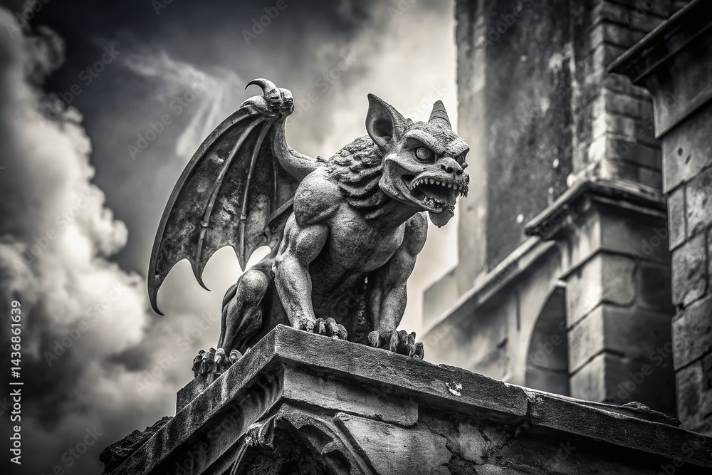 Fototapeta premium Black and White Gargoyle Urban Exploration - Decaying Stone Guardian