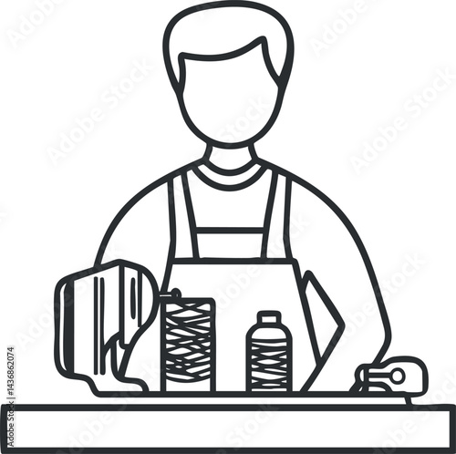Line drawing of a tailor working with sewing materials and tools on a table in workshop