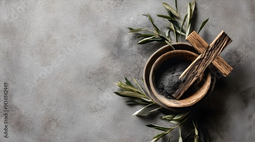 Ashen Reflection: A wooden cross, resting atop a bowl of ashes, rests on a muted, textured background. Reflecting on faith, peace, and spiritual contemplation