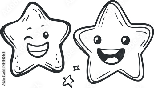 Black and white cartoon illustration of two happy star characters with smiling and winking faces