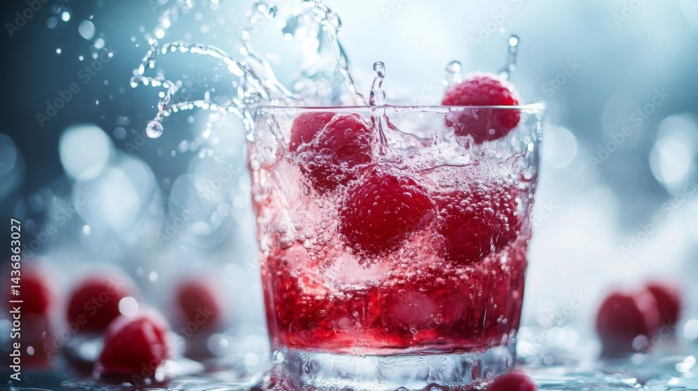 Red Raspberries Splashing in a Glass of Sparkling Water Red Raspberries Splashing in a Glass of Sparkling Water