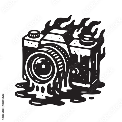 Melting Vintage Camera with Flames