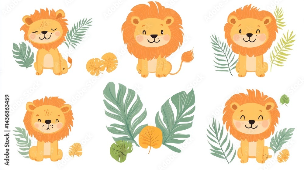 Fototapeta premium Cute lion cubs jungle leaves tropical illustration, kids design