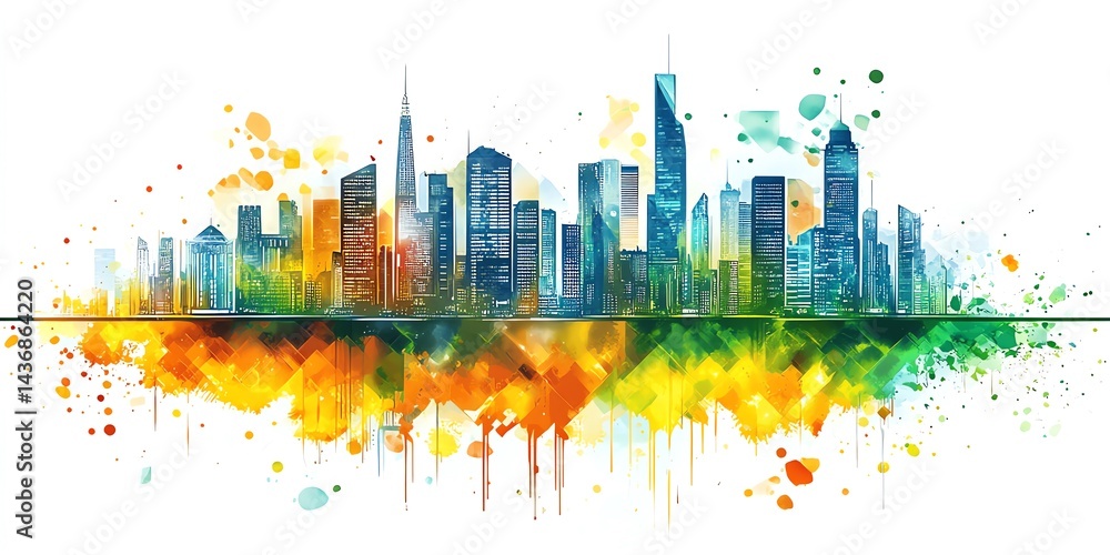 Fototapeta premium Vibrant City Skyline Watercolor Painting with Colorful Splashes