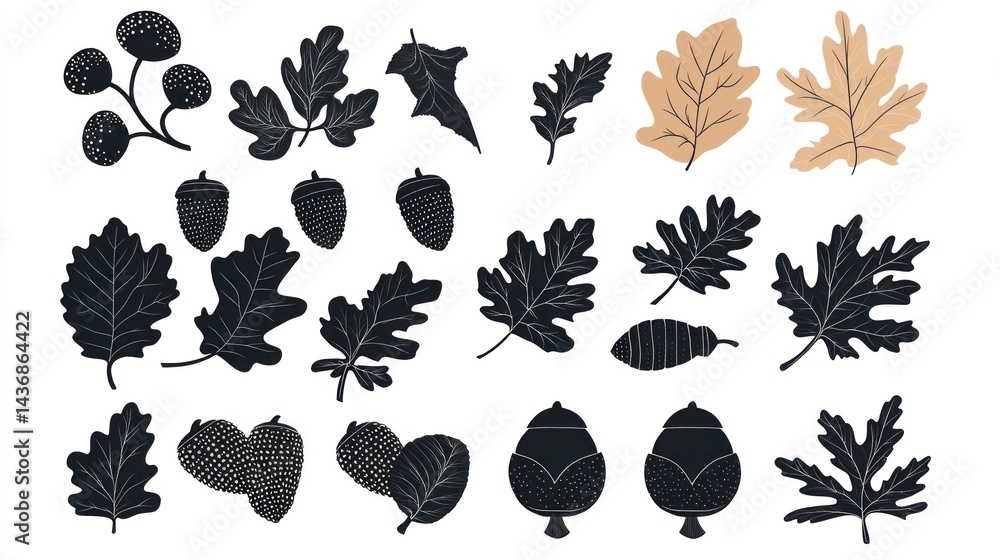Fototapeta premium Autumn leaves and acorns set in dark and light colors on a white background