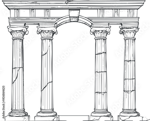 Detailed black and white illustration of four classical ancient columns with an arch and decorative capitals