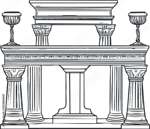 Black and white illustration of an ancient stone altar with classical columns and decorative elements, symbolizing historical religious architecture.