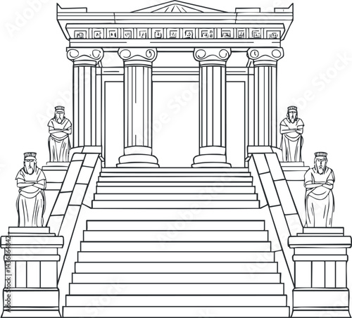 Black and white line drawing of an ancient temple with stairs, columns, and statues on each side.