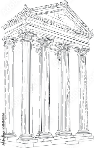 Illustration of an ancient classical temple with Corinthian columns and detailed architectural elements