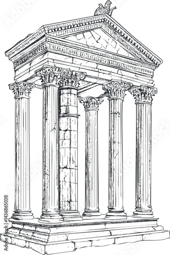 Detailed black and white sketch of an ancient classical stone temple with Corinthian columns and pediment