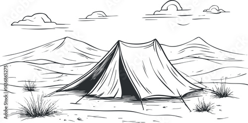 Black and white drawing of a tent pitched in a desert landscape with mountains and sparse vegetation under a cloudy sky.