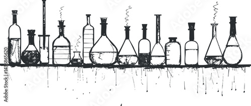 Black and white illustration of various laboratory glassware including bottles, flasks, and test tubes with smoke rising from some containers