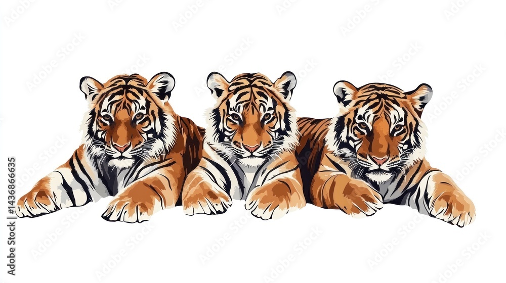Obraz premium Three tiger cubs resting, white background, wildlife illustration, zoo poster