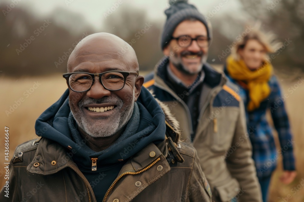 Happy old man with glasses and a beard in a checkered jacket is standing with his friends in a field. Happy old man with glasses and a beard in a checkered jacket is standing with his friends in a field.