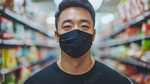 Close-up portrait of a man wearing a black face mask in a grocery store aisle.