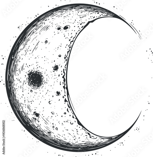 Black and white detailed illustration of a crescent moon showing craters and lunar surface texture
