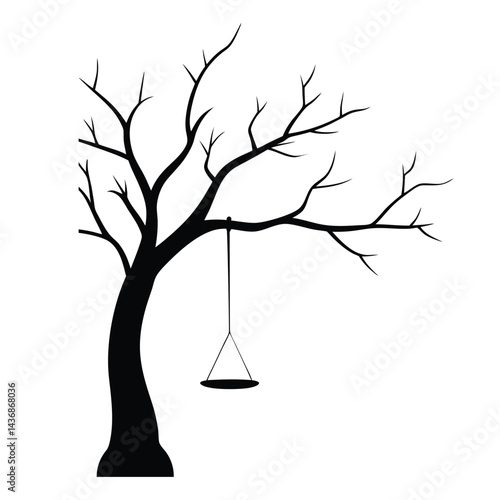 Swing Hanging from a Bare Tree Silhouette on White
