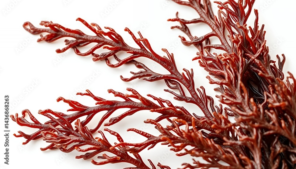Naklejka premium Dark Red Seaweed Intricate Branching Isolated on White Screen Background for Marine Biology Study Healthy Eating Promotion