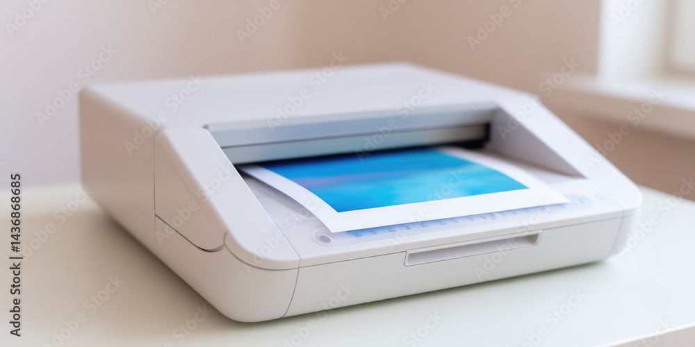 White printer on a desk with a blue document emerging.  