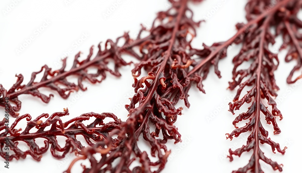 Naklejka premium Detailed Macro Shot of Reddish-Brown Seaweed Intricately Isolated on White Screen Background Perfect For Creative Ads Promotion with High Clarity and Sharp Focus