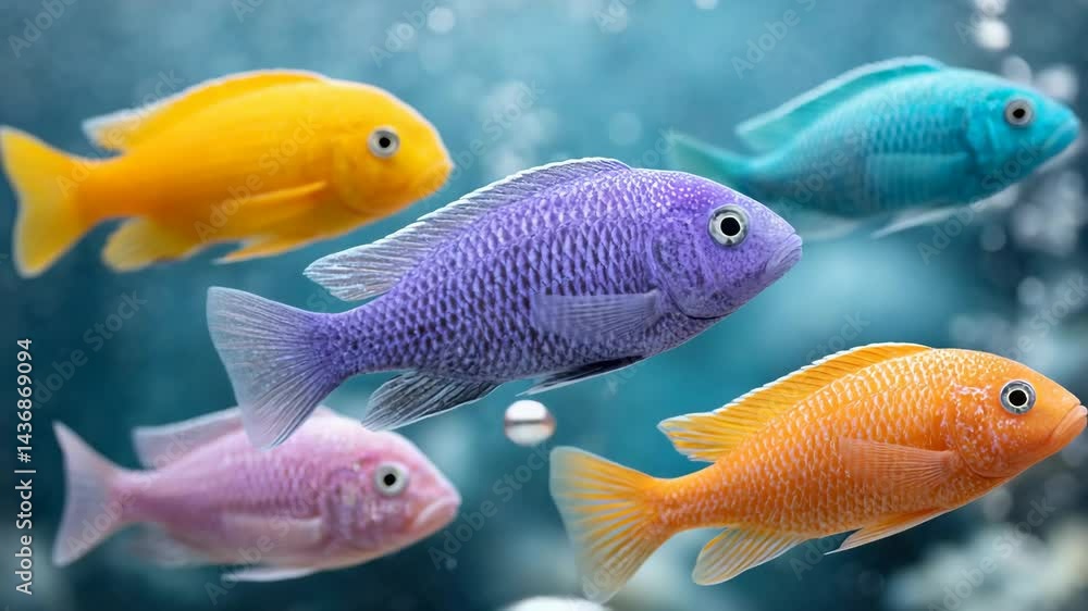 Vibrant fish swimming in clean water, displaying different colors like yellow, purple, orange, pink, and blue, creating a dynamic underwater scene. Vibrant fish swimming in clean water, displaying different colors like yellow, purple, orange, pink, and blue, creating a dynamic underwater scene.