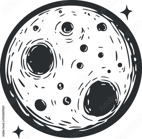 Black and white illustration of the moon with craters and stars in space, showing lunar surface details.