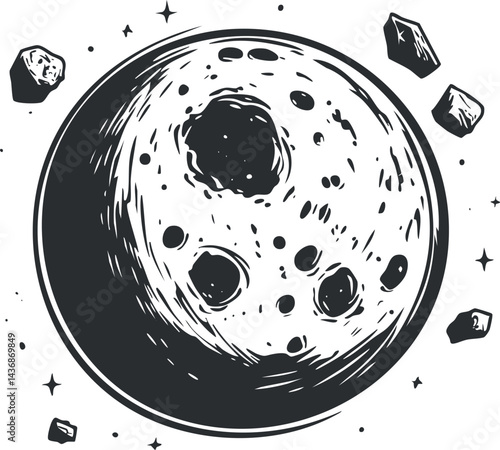 Black and white illustration of the moon with craters and surrounding asteroids in space