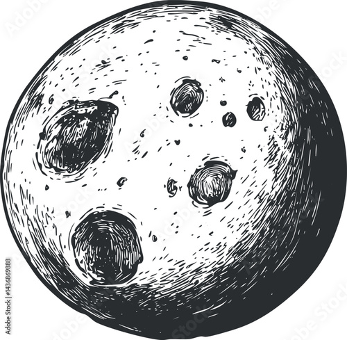 Black and white hand-drawn illustration of the moon with visible craters and textured lunar surface