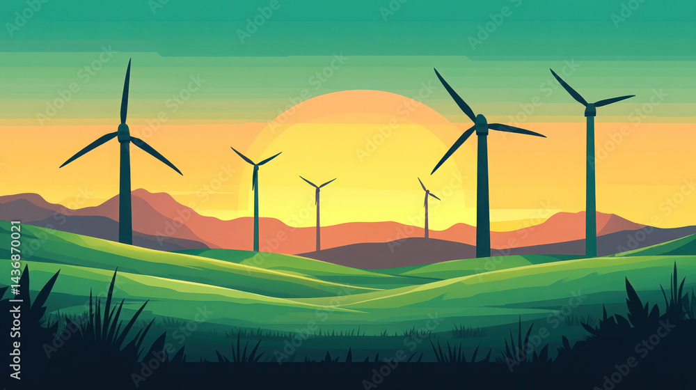 Fototapeta premium Wind Turbines: An illustration showcases a vibrant landscape of wind turbines, harnessing the power of renewable energy amidst a backdrop of rolling hills and a vivid sunset.