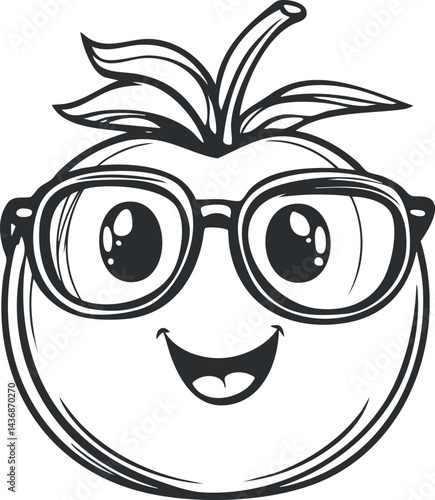 Black and white cartoon tomato character with glasses smiling happily in a sketch style