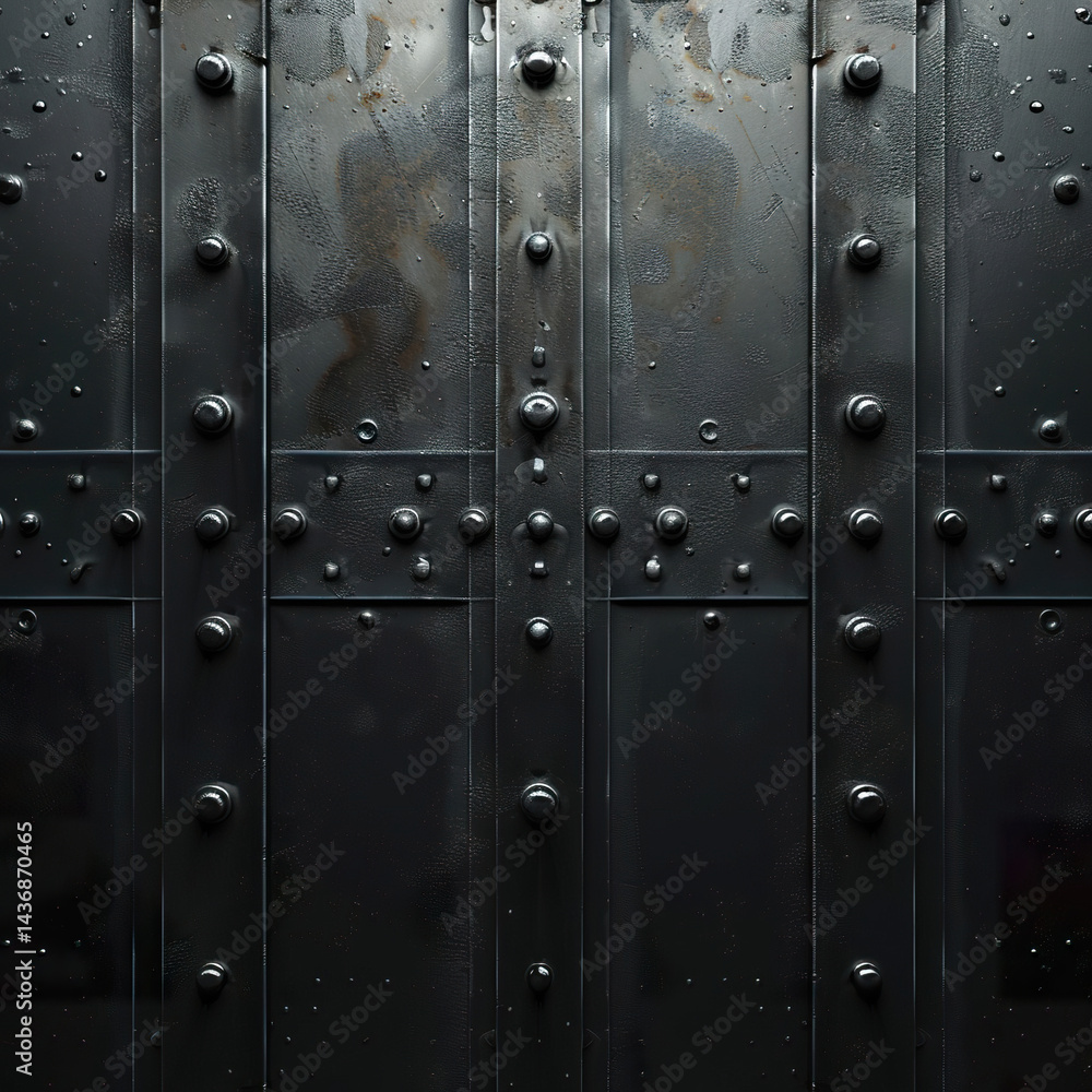 Fototapeta premium Dark industrial metal panel with rivets and rust stains creating a realistic aged texture, Generated with AI