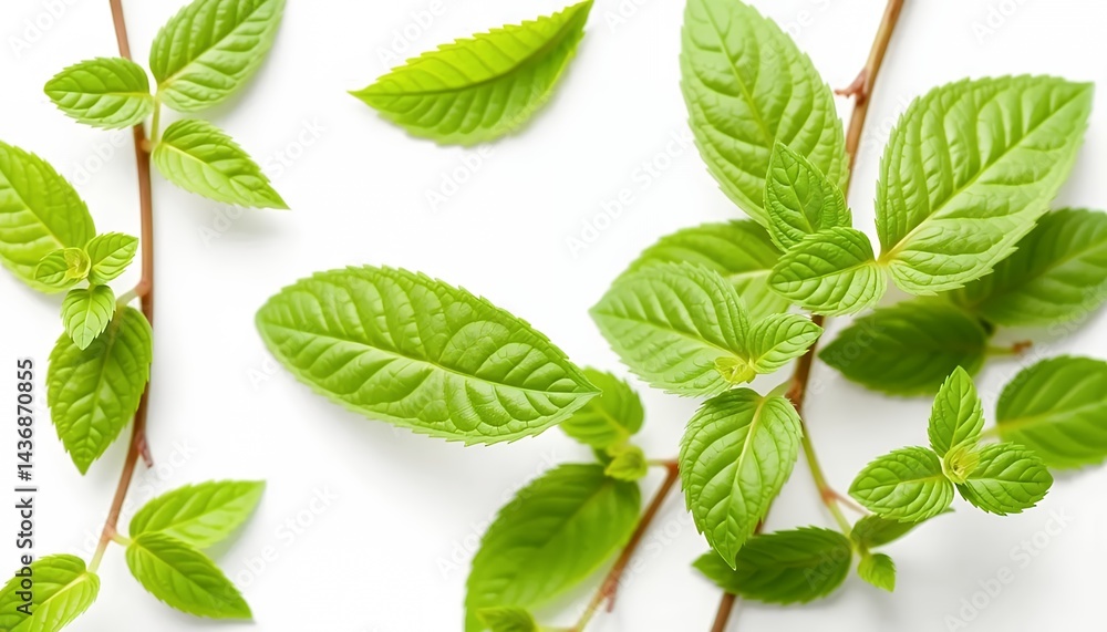 Fresh Green Mint Leaves and Branches Isolated on White Screen Background Featuring Aromatic Herbs for Culinary Use Natural Light Perfect for Mockups and Spring Promotions Fresh Green Mint Leaves and Branches Isolated on White Screen Background Featuring Aromatic Herbs for Culinary Use Natural Light Perfect for Mockups and Spring Promotions