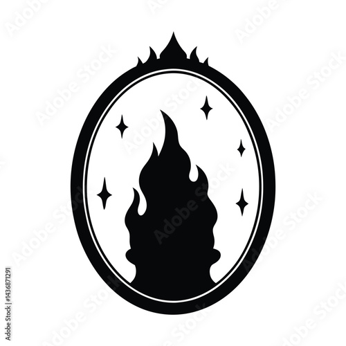 Witch Mirror Reflecting a Fiery Portal Silhouette
