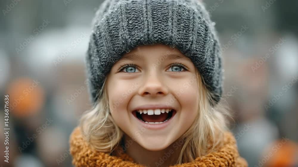 Close-up of a joyful young girl with bright blue eyes laughing in winter clothing outside in a soft, blurred background Close-up of a joyful young girl with bright blue eyes laughing in winter clothing outside in a soft, blurred background
