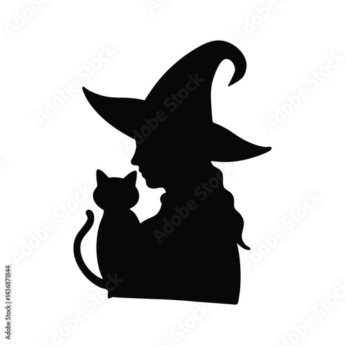 Witch with a Cat on Her Shoulder Silhouette on White