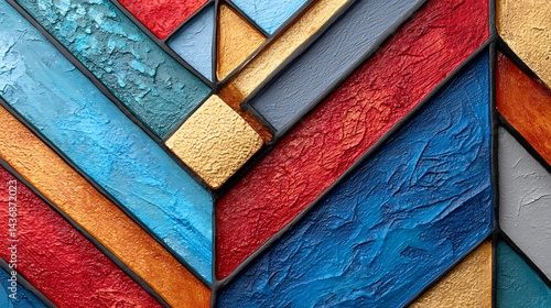 Abstract Textured Geometric Art Vibrant Diagonal Stripes in Blue Red Gold and Teal