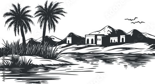 Black and white illustration of a desert oasis with palm trees water and a small village near mountains