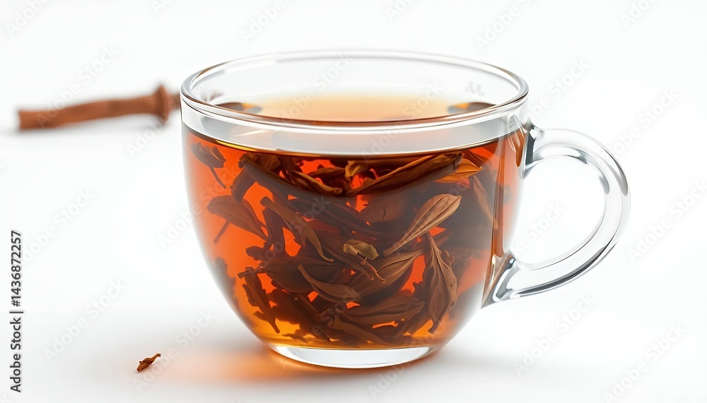 Glass Teacup with Dark Loose Leaf Tea and Cinnamon Stick Isolated On White Screen Background For Relaxation Ads Promotion Glass Teacup with Dark Loose Leaf Tea and Cinnamon Stick Isolated On White Screen Background For Relaxation Ads Promotion