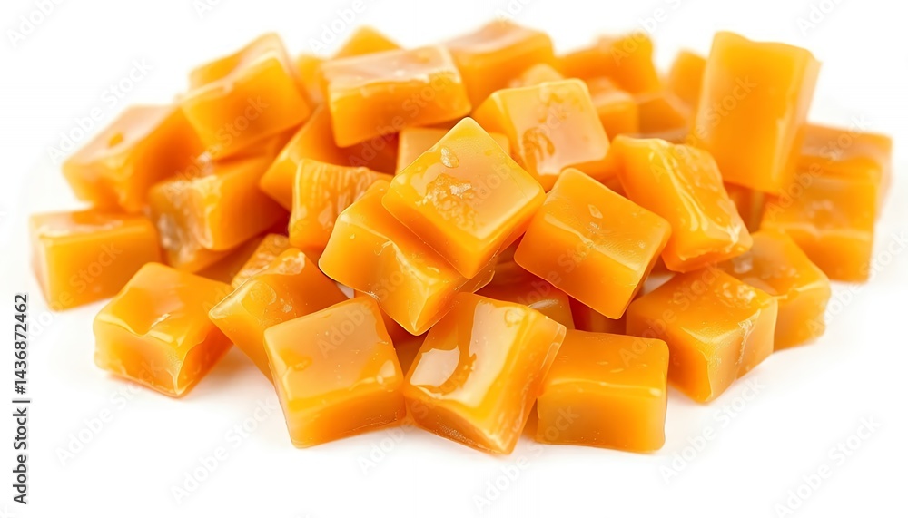 Golden Brown Caramel Candies Stacked Isolated On White Screen Background For Food Advertising And Sweet Dessert Concepts Golden Brown Caramel Candies Stacked Isolated On White Screen Background For Food Advertising And Sweet Dessert Concepts