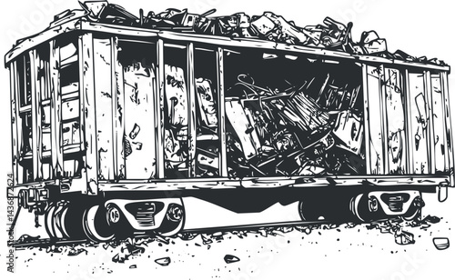 Black and white illustration of an old freight railcar loaded with scrap metal and debris on railroad tracks