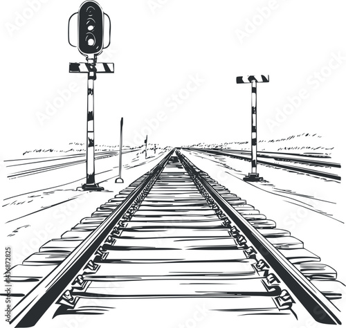 Black and white sketch of railroad tracks extending into the distance with railway signals on the side.