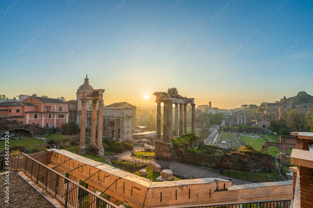 Roman forum ruins at sunrise in Rome. Italy