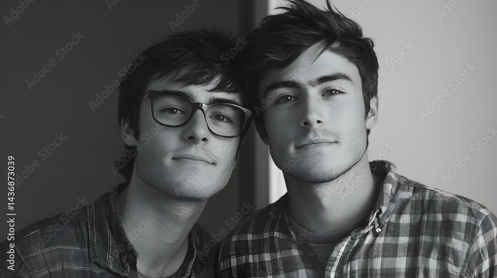 Close-up black and white portrait of two young men. Close-up black and white portrait of two young men.